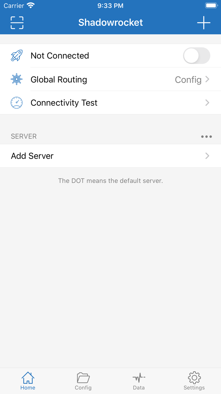 Shadowrocket Homeの公式スクリーンショット。上部にNot Connected、Global Routing、Connectivity Test、下部にSERVER一覧とAdd Serverを表示