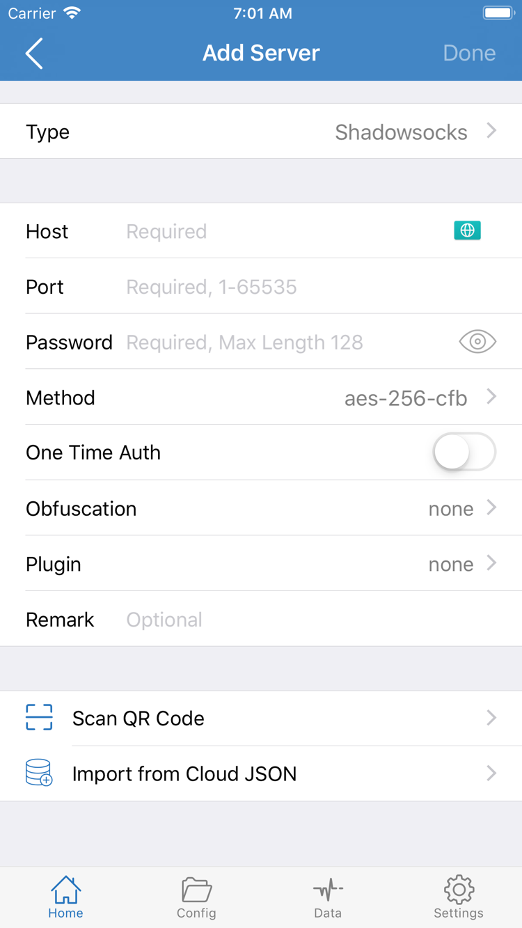 ShadowrocketのAdd Server公式スクリーンショット。Type、Host、Port、Password、MethodとQRコード読み込みの入口を表示