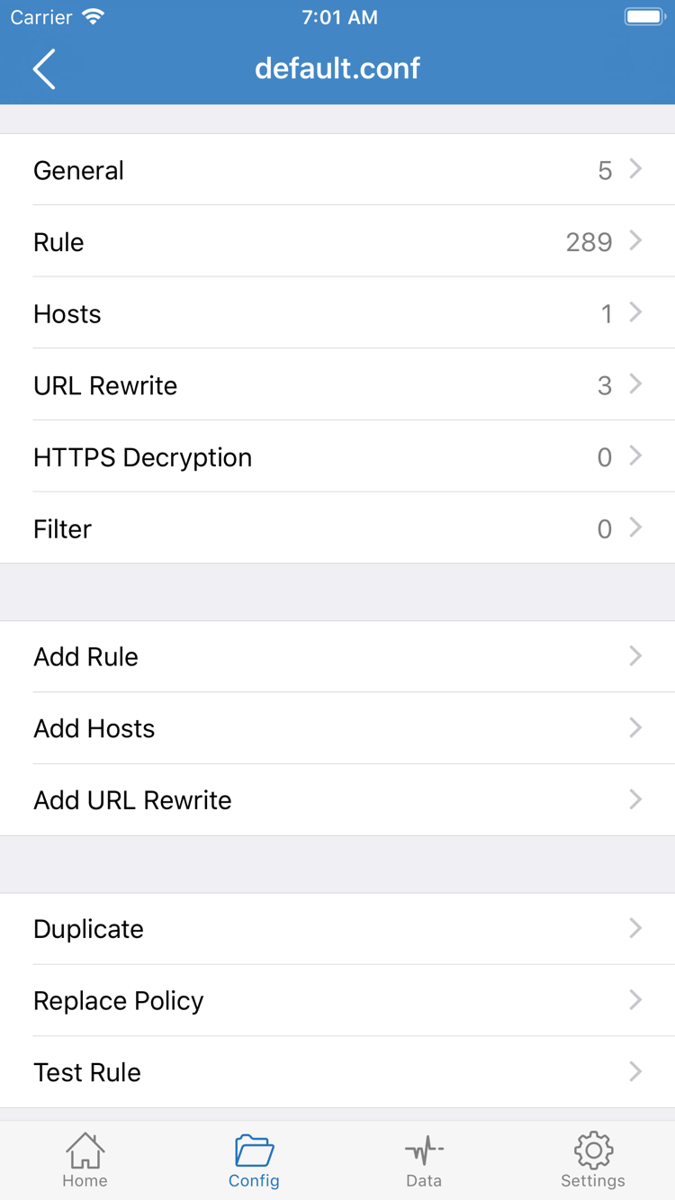 ShadowrocketのConfig編集画面の公式スクリーンショット。General、Rule、Hosts、URL Rewrite、HTTPS Decryption、Add Ruleを表示