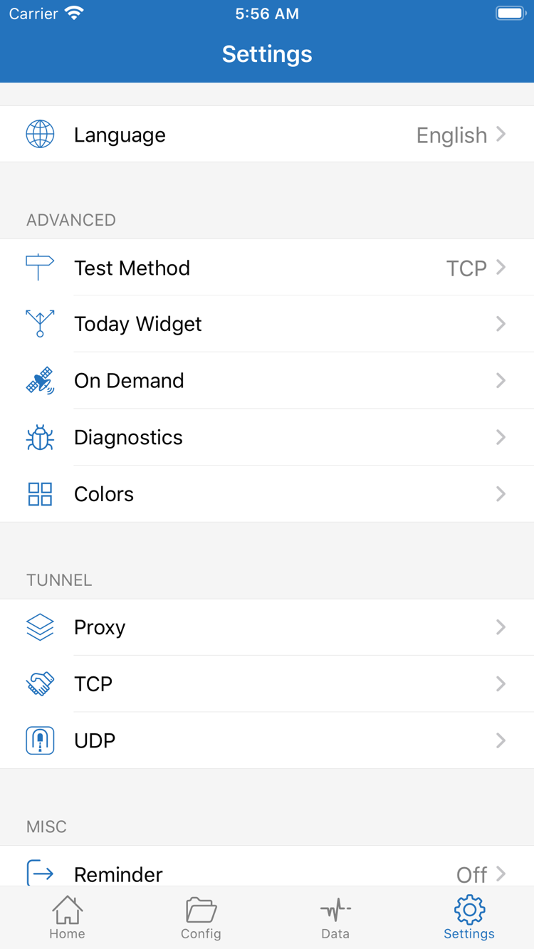 Shadowrocket Settingsの公式スクリーンショット。Language、Test Method、Today Widget、On Demand、Diagnostics、Proxy、TCP、UDPを表示